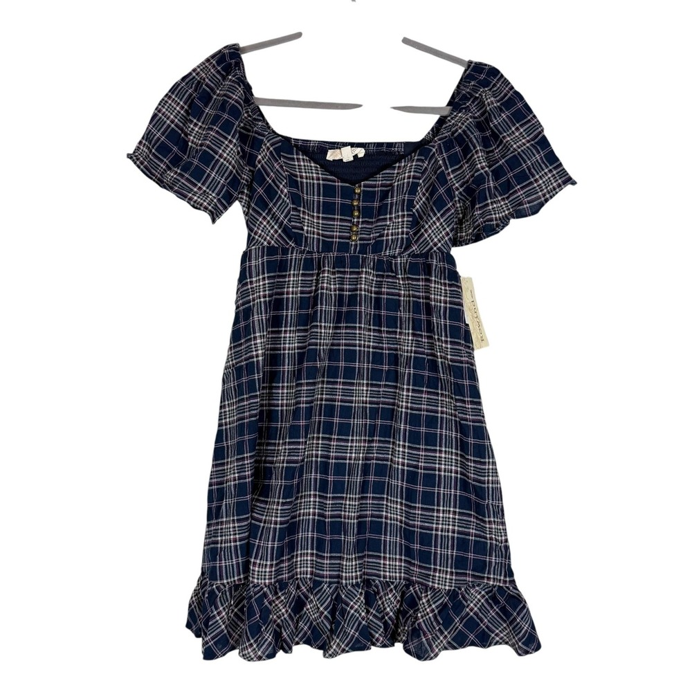 Rewind Dress Juniors XS Blue Plaid Smocked Puff Sleeve Ruffle Hem Lined Sundress
